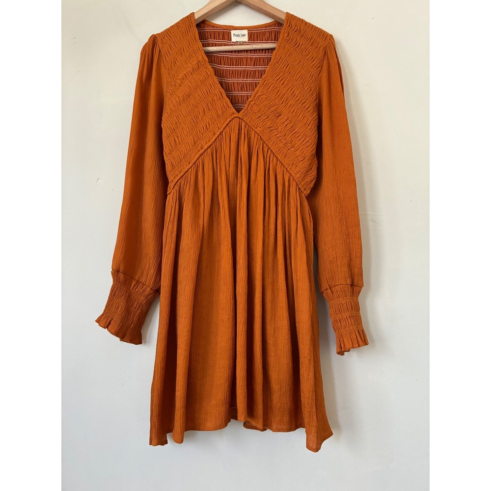 Peach Love California Rust Fall Orange Smocked V-Neck Mini Dress Long Sleeve L
